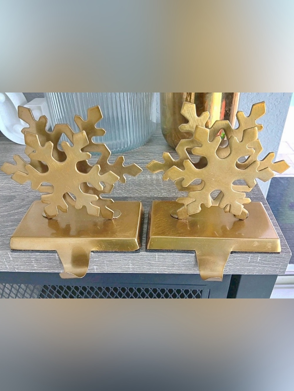 2 Vintage Gold Metal 5" Double Snow Flakes Christmas Stocking Hanger Holder